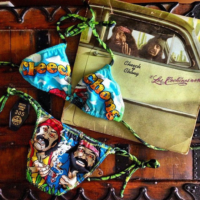 Cheech and Chong Weed print pot marijuana 420 smoke smog made in USA hand studded Teekini t-shirt bikini rock n roll rock and roll bikinis miami made in usa limited edition kini handmade bikinis handmade Custom bikinis Betty Bangs Bikinis american made tshirt bikini teekini